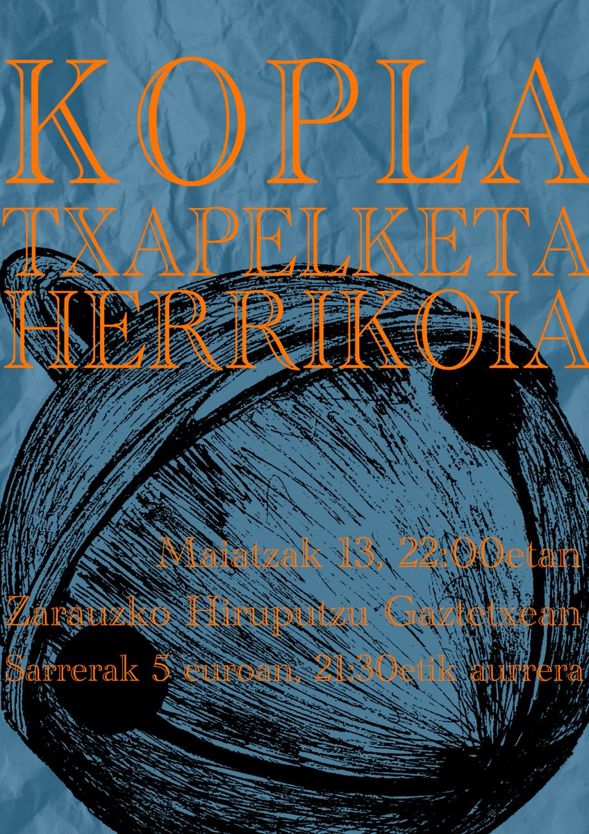 Desagertuta ginela uste al zenuen? Ba, ez da hala! Plazer handiz aurkeztu nahi dizuegu Kopla Txapelketa Herrikoia! Maiatzaren 13an, 22:00etan Hiruputzu gaztetxean. Laster izango duzue berri gehiago, gorde data eta akoplatu zaitez!