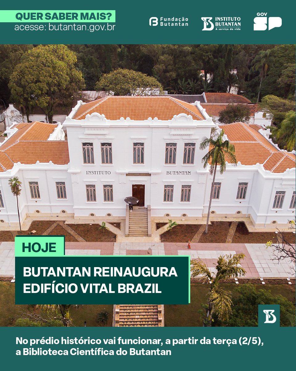 O Instituto Butantan reinaugura hoje o Edifício Vital Brazil, um dos seus prédios mais simbólicos, e que vai abrigar a Biblioteca Científica do Butantan. Para o público, o funcionamento será de terça a sexta, das 9h às 16h45, a partir da terça (02/5): bit.ly/3NrhYuT