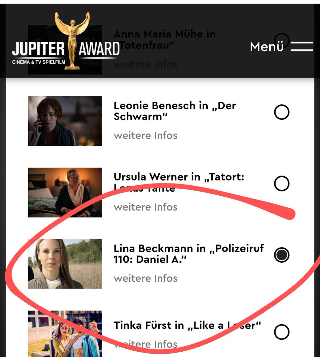 Bis zum 30.April kann beim jupiter-award.de noch für <a href="/Polizeiruf_HRO/">Polizeiruf Rostock</a> und #LinaBeckmann abstimmen!

#derbesseretatort #Polizeiruf110 

PS: wär' schon schön, wenn da einer bei Euch noch mal über die Bilder der Nominierten drüber kuckt 😉 <a href="/tvspielfilm/">TV SPIELFILM</a> / <a href="/CINEMA_KINO_DVD/">CINEMA.de</a>