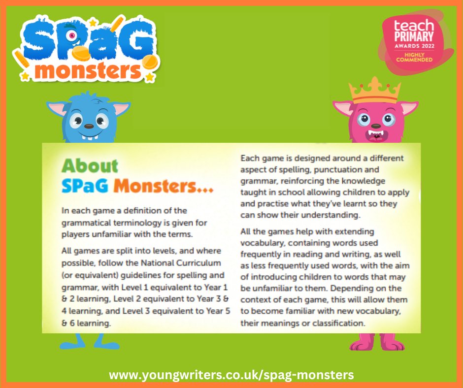 YoungWritersCW's tweet image. Have you got your FREE SPaG Monsters game yet?

No fees, no in-game charges just 25 games to help 6-12 year-olds improve their literacy learning.

Free to parents and teachers

Sign up here: youngwriters.co.uk/spag-monsters

#nocatch #free #literacy #spag