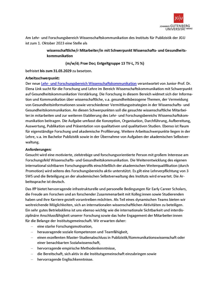 Interesse an Wissenschafts- und Gesundheitskommunikation? 👐 Bei @ElenaLink11 (Lehr- und Forschungsbereich Wissenschaftskommunikation) ist zum 1. Oktober einem/einer wissenschaftlichen Mitarbeiter*in (TVL 13, 75%, ca. 5,5 Jahre) zu besetzen. 📅 12.5.2023. Spread the word 📢