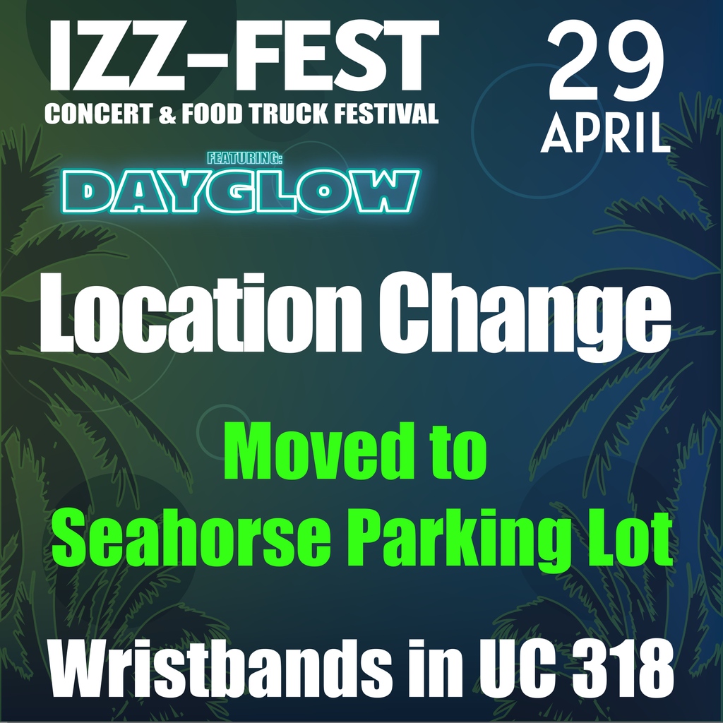 SEAStamucc's tweet photo. ⚠️LOCATION CHANGE⚠️ The location for the Izz-Fest: Concert and Food Truck Festival featuring Dayglow has been moved to the Seahorse parking lot on campus due to the recent excessive rain and for the safety of all Islanders and their guests. #TAMUCC https://t.co/jAvhxZzZSo