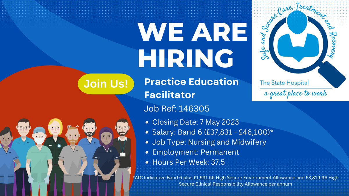 #jobalert A #vacancy has arisen for a #practice #education Facilitator. As Practice Education Facilitator you'll support our nursing staff and students here on placement. Apply here: apply.jobs.scot.nhs.uk/Job/JobDetail?… #NHS #NHSJobs #NHSCareers #joinus #statehospitalcarstairs