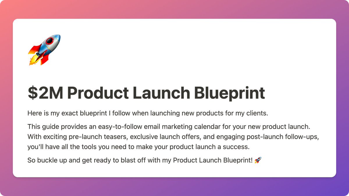 Our latest product launch generated over $2M in 1 week. 

I'm sharing the exact email calendar we used for this launch.

This is usually kept private for my team only.

Want a FREE copy?
👉 Retweet and Comment “YES” and I'll DM it to you

(Must be following so I can send)