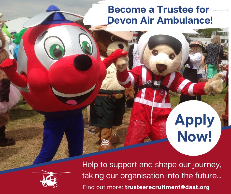 Join us as a Trustee!
It’s important that our Trustees reflect the community that Devon Air Ambulance serves and bring different experiences and backgrounds that add value to our organisation. 
daat.org/trustee-roles
#Trustees #Trusteeship  #Property #Sustainability #Fundraising