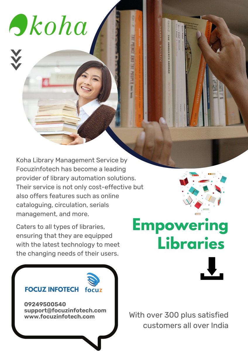 KohaGuru's tweet photo. Koha has made it possible for the library users to effectively manage the collections, circulation, and other aspects of their library. 

#koha #kohasoftware #library #librarian #librarymanagement #kohalms #collegelibrary #software #opac #openlibrary  #focuzinfotech https://t.co/yZcKlpcjby