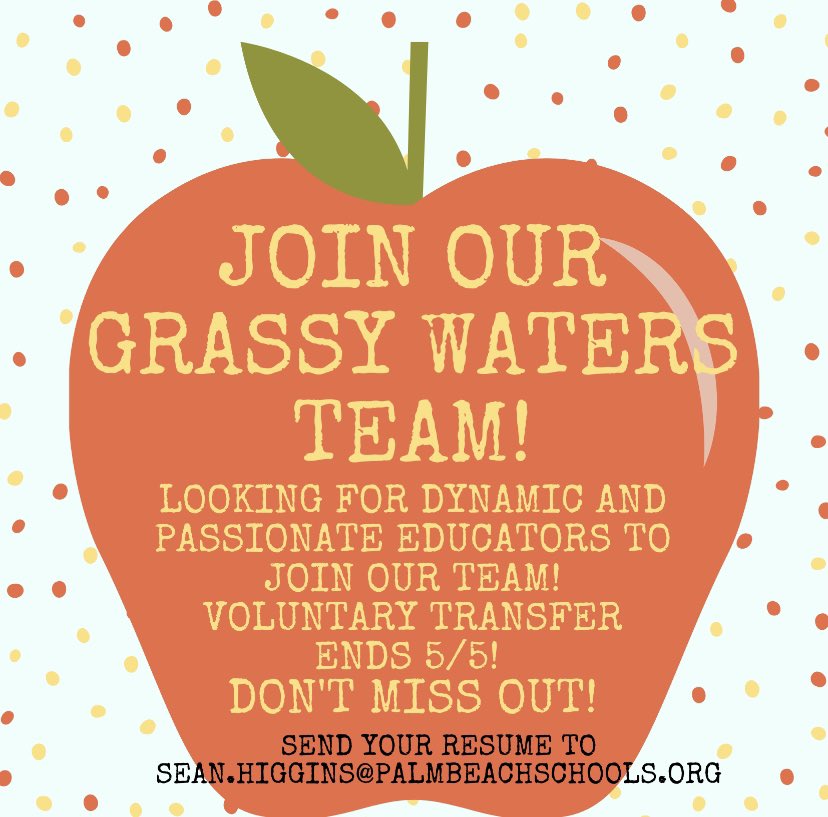 Grassy Waters Elementary School (@gweowls) on Twitter photo Attention Teachers⦠join our team! We are looking for dynamic and dedicated teachers for the 2023-2024 school year! <a href="/pbcsd/">The School District of Palm Beach County</a> <a href="/Sean_Higgins06/">Sean Higgins</a> <a href="/MrsGreen1997/">Vivian Green</a> Attention Teachers⦠join our team! We are looking for dynamic and dedicated teachers for the 2023-2024 school year! <a href="/pbcsd/">The School District of Palm Beach County</a> <a href="/Sean_Higgins06/">Sean Higgins</a> <a href="/MrsGreen1997/">Vivian Green</a>