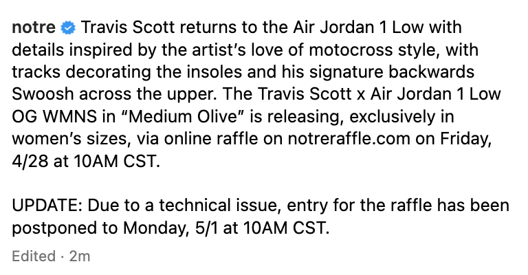 SOLELINKS's tweet photo. Women’s Travis Scott x Air Jordan 1 Low OG 'Olive' Notre raffle on Monday, May 1st https://t.co/W4x6VskwVv