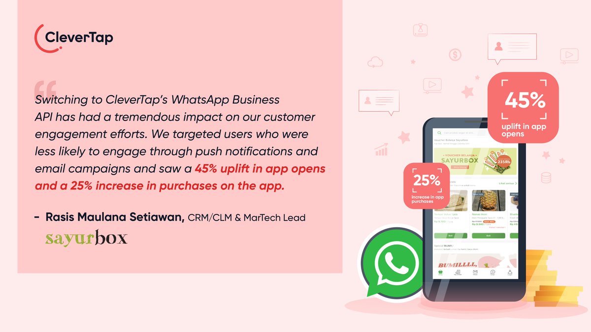 CleverTap's tweet image. Q. What’s efficient, effective, &amp;amp; makes communicating with your customers a breeze? 
A. CleverTap #WhatsAppBusinessAPI 

Here’s what one of our clients, @rasismaulana, CRM/CLM &amp;amp; MarTech Lead at @sayurbox has to say!
Know more here: bit.ly/3LeMI0t 

#CleverTapProduct