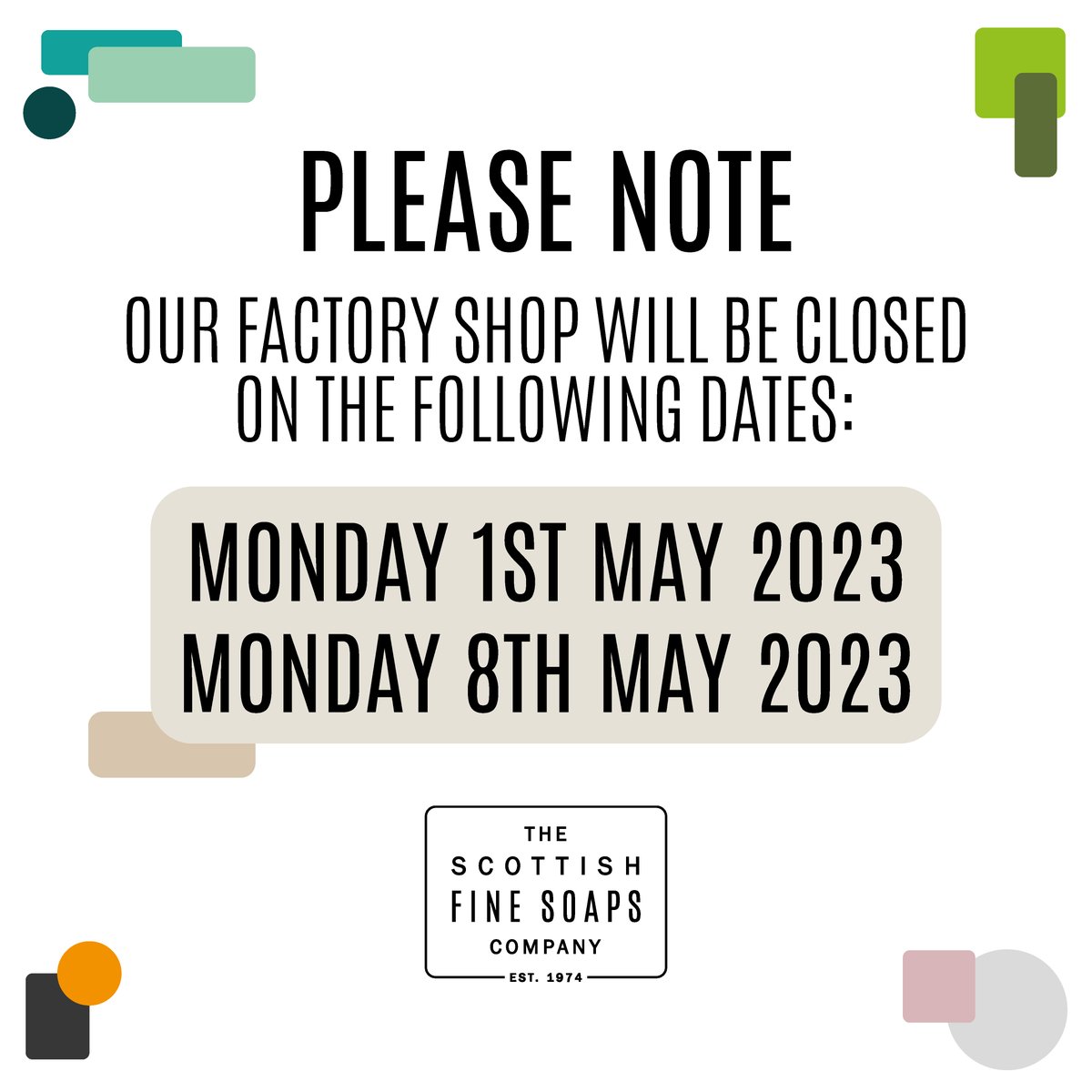 Update on our Carronshore Factory Shop open times. 🛍️

In the meantime, you can still grab all your SFS favourites online 👉 bit.ly/3ibfCCD 

#ScottishFineSoapshttps://bit.ly/3ibfCCD