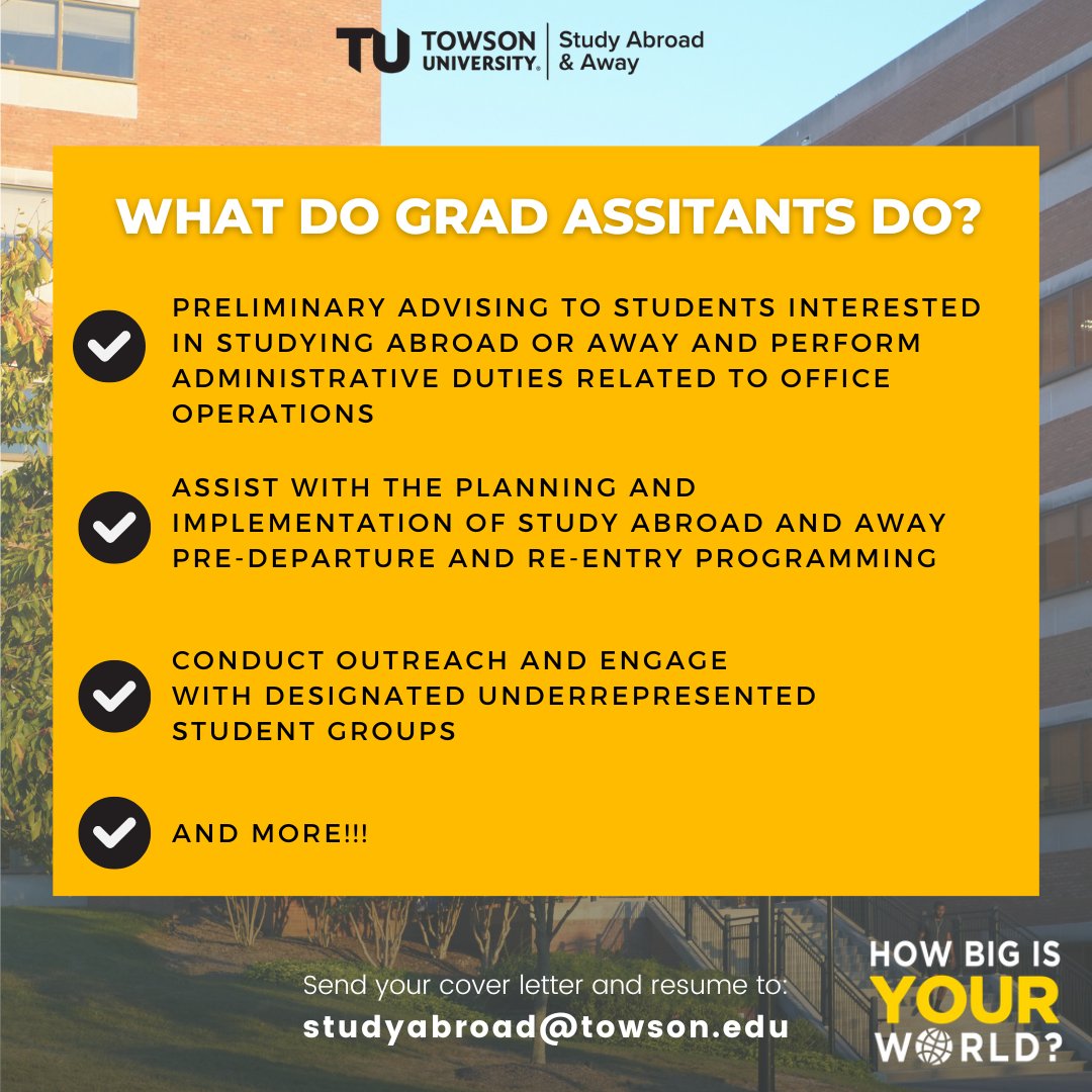 Are you looking for an opportunity to support student success, global learning and want to make an impact every day? Join the Towson University Study Abroad &amp; Away team as our Graduate Assistant!
#HowBigIsYourWorld #TUabroad