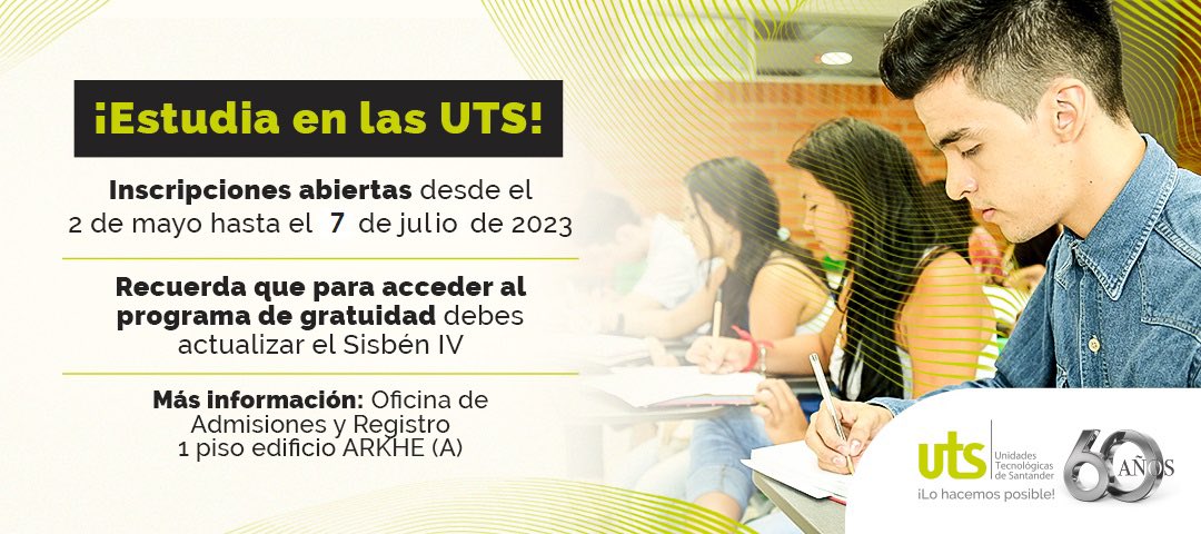 Unidades_UTS's tweet photo. #InfoUTS💡 ¡A partir del próximo martes tendremos nuestras inscripciones abiertas! Haz parte de la mejor Institución Tecnológica de Colombia.

Conoce nuestra oferta académica: https://t.co/58kyxKfsNH

Programa de gratuidad: https://t.co/OTihjQOKPa

#Lohacemosposible ✅ @olengerke https://t.co/QmFQ1ORLIm