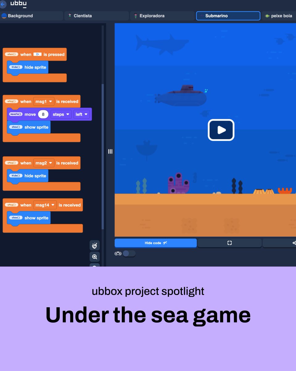 play_ubbu's tweet photo. 🐡 Can you name all the underwater creatures found in this game? With ubbox, our block coding tool, you can create games set in space, air or all the way down in the deep ocean! https://t.co/QGAAdtdFDd