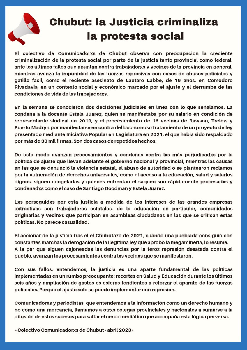 *Comunicado de Comunicadorxs de Chubut ante la criminalización de la protesta en Chubut.*

✍️ _Adhesiones de comunicadorxs_
is.gd/TKJCjo