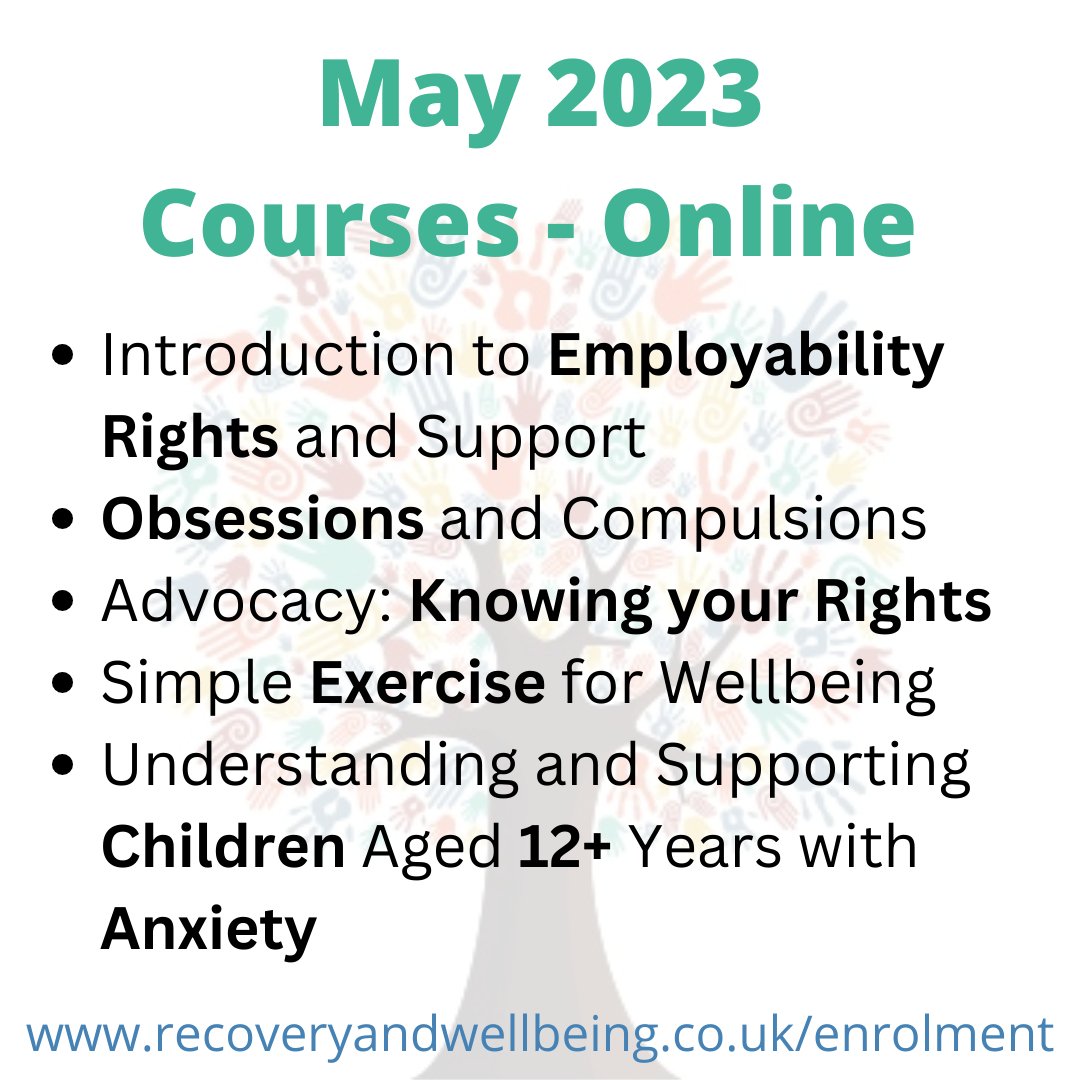 Here is part 2 of 3 of our May online courses! Lots to choose from! To book please go to - recoveryandwellbeing.co.uk/enrolment #Recovery #Wellbeing #Warwickshire #Coventry #wellbeingcourses #RecoveryAcademy