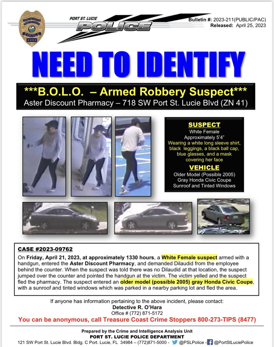 PSLPolice's tweet photo. #FelonFriday PSLPD needs your assistance in identifying this armed robbery suspect who entered Aster Discount Pharmacy last week and held the employee at gunpoint, demanding prescription pills. The employee was not harmed during the incident and the suspect fled the area in an older model gray Honda Civic Coupe with a sunroof and tinted windows. #BOLO 

If anyone has information pertaining to this incident, please call Detective O’Hara at 772-871-5172.