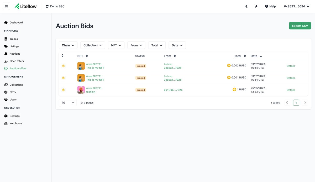 antho1404's tweet image. 🔄 7/8: Introducing Auction Offers pages! Monitor offers related to auctions on your platform, visualize, filter, and sort them, and access detailed information for each offer. 💸 #Liteflow #AuctionOffers