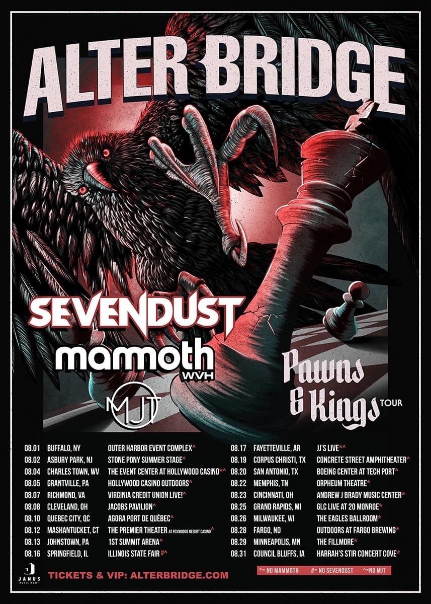 alterbridge's tweet photo. Tickets just went on sale (in a 1/2 hour for CST shows) for the last leg of our USA 🇺🇸 Pawns &amp; Kings Tour! Get them before they are gone at https://t.co/Tx0NzUfSnI🤘🏻🤘🏻

@Sevendust @MammothWVH @BandMgt #AlterBridge #PawnsAndKingsTour https://t.co/OAOokPtnBV