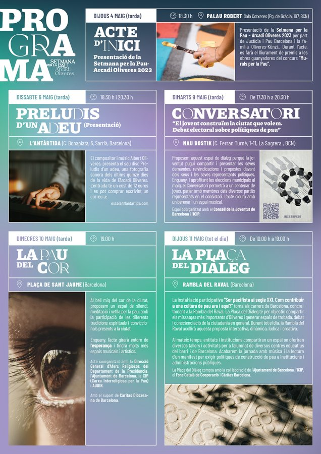📆Del 4 a l'11 de maig, serem a la 2a edició de la Setmana per la Pau Arcadi Oliveres

🤓Al programa: Premis del Concurs de Murals per la Pau, Concert de l’<a href="/albert_oliveres/">Albert Oliveres</a>, Conversatori, La Pau del Cor i La Plaça del Diàleg

😍No us ho perdeu! #SetxPau👇