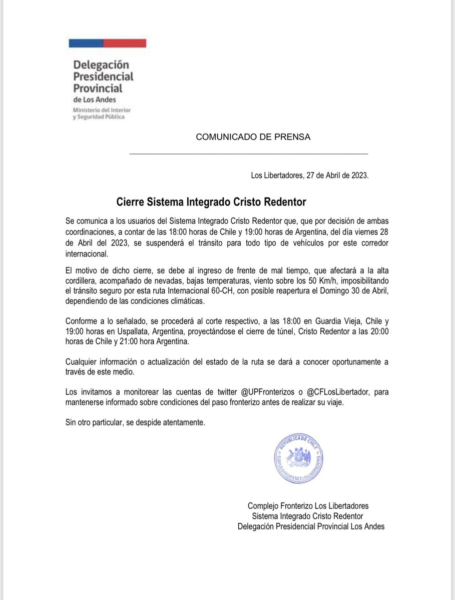 CFLosLibertador's tweet photo. ⚠️ Información Complejo Los Libertadores:

Ante los pronósticos climáticos y en coordinación con las autoridades 🇦🇷 de manera preventiva el Paso Los Libertadores cerrará desde las 18 horas. El llamado a informarse por la redes oficiales. https://t.co/0GyJn5yPgC