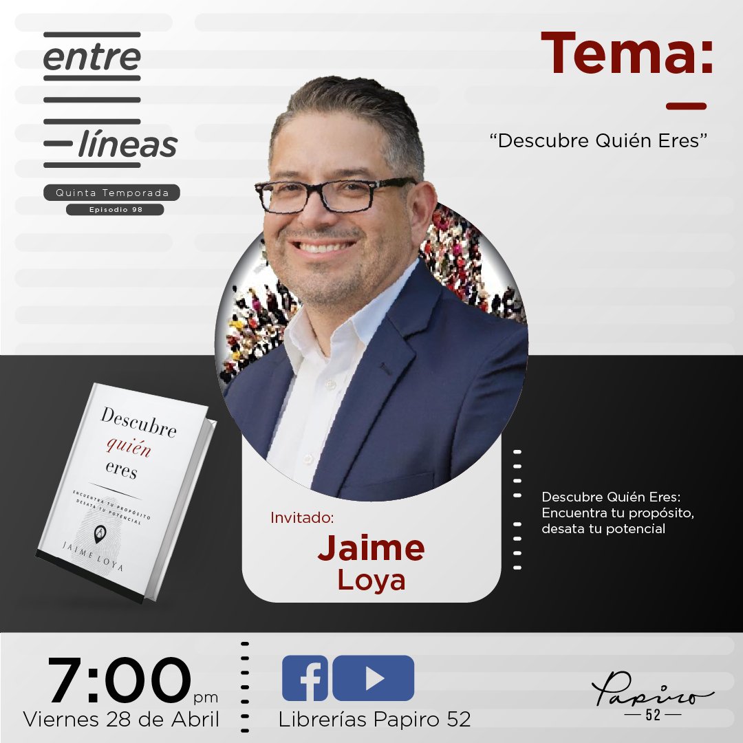 papiro_52's tweet photo. Hoy viernes 28 de abril de 2023, a las 19:00 horas, tendremos un nuevo episodio con: el Pastor Jaime Loya.
El tema que abordaremos en este episodio de Entre Líneas es “Descubre Quién Eres”, y tendremos como base el libro del mismo nombre escrito por el Pastor Loya.
#FacebookLIVE https://t.co/Vy7fRFiyMc