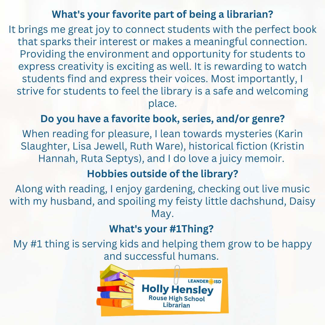 LeanderISD's tweet image. This week&apos;s final featured #1LISD librarian is Holly Hensley, librarian at @RouseHSRaiders. #LibrarianAppreciationWeek

&quot;Becoming a librarian has allowed me to enjoy all of the best parts of teaching.&quot;

#NationalSchoolLibraryMonth
