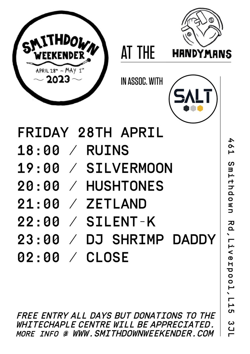 HANDYMAN SUPERMARKET (@handymansmarket) on Twitter photo It's all kicking off at 18:00 tonight!
Get down after work for <a href="/SmithdownFest/">SmithdownFestival</a> 2023 at the <a href="/handymanSmarket/">HANDYMAN SUPERMARKET</a> - @thoseruins1 <a href="/Silvermoon_UK/">Silvermoon</a> <a href="/Hushtonesmusic/">Hushtones</a> zetland <a href="/Silent__K__/">SILENT-K</a> DJ Shrimp Daddy / All Free till 2am! It's all kicking off at 18:00 tonight!
Get down after work for <a href="/SmithdownFest/">SmithdownFestival</a> 2023 at the <a href="/handymanSmarket/">HANDYMAN SUPERMARKET</a> - @thoseruins1 <a href="/Silvermoon_UK/">Silvermoon</a> <a href="/Hushtonesmusic/">Hushtones</a> zetland <a href="/Silent__K__/">SILENT-K</a> DJ Shrimp Daddy / All Free till 2am!