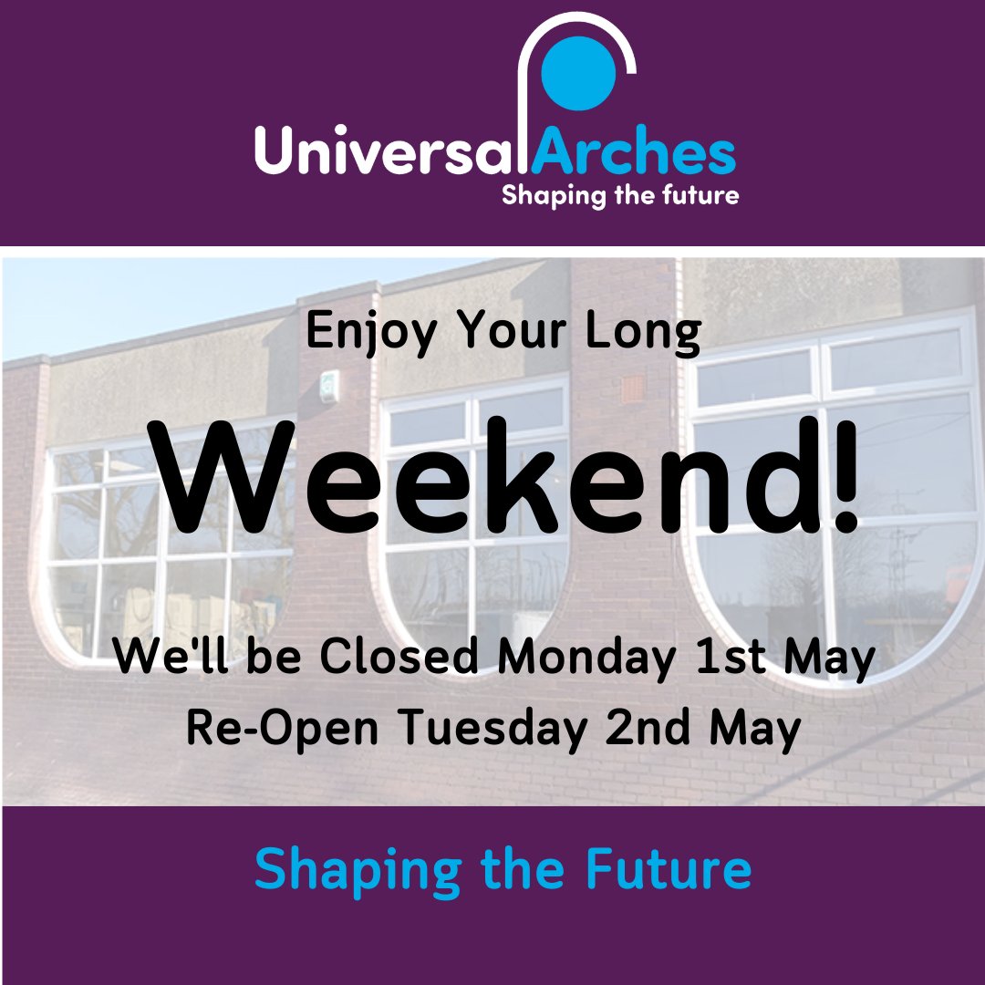 Enjoy Your Long Weekend Everyone!
We'll be closed on Monday 1st and re-opening Tuesday 2nd May.
In the meantime why not checkout our new Website: UniversalArches.com 
#ShapingtheFuture #ProfileBending #ArchedFrames #UniversalArches #StHelens