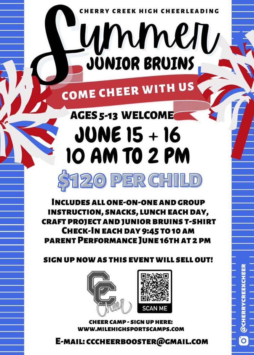 Join us for our summer Cheer Junior Bruins camp! All are welcome for this fun event! Sign up before we’re full. 

milehighsportscamps.com/cherry-creek-c…