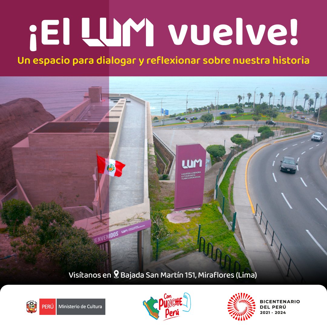 MinCulturaPe's tweet photo. ¡Buenas noticias! 🙌🏼 Desde este 29 de abril, el @LUMOficial, un espacio para dialogar en torno a temas de derechos humanos, enfocándose en el periodo de violencia 1980-2000 en el Perú, vuelve a abrir sus puertas. 

📍 Te esperamos en Bajada San Martín 151, Miraflores (Lima). https://t.co/lqyImb1qKt