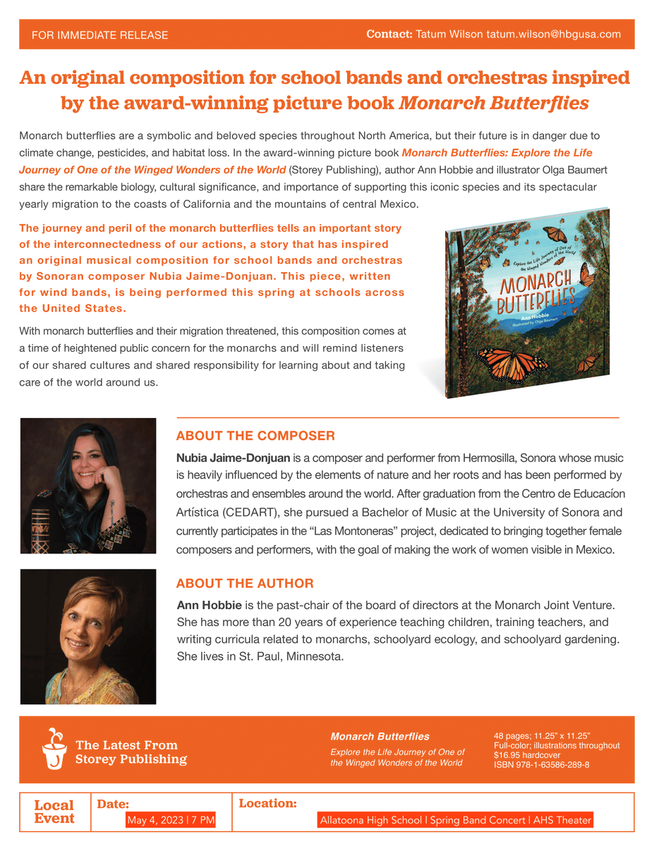 allatoona_hs's tweet photo. Don't miss the exciting debut of a composition based on the picture book Monarch Butterflies at the Allatoona Bands Spring Concert on Thursday, May 4th, at 7:00 PM, in the Allatoona Theater! #GoBucs #AnchoredInExcellence #BucNation @cobbschools https://t.co/gMXIbCRB4a