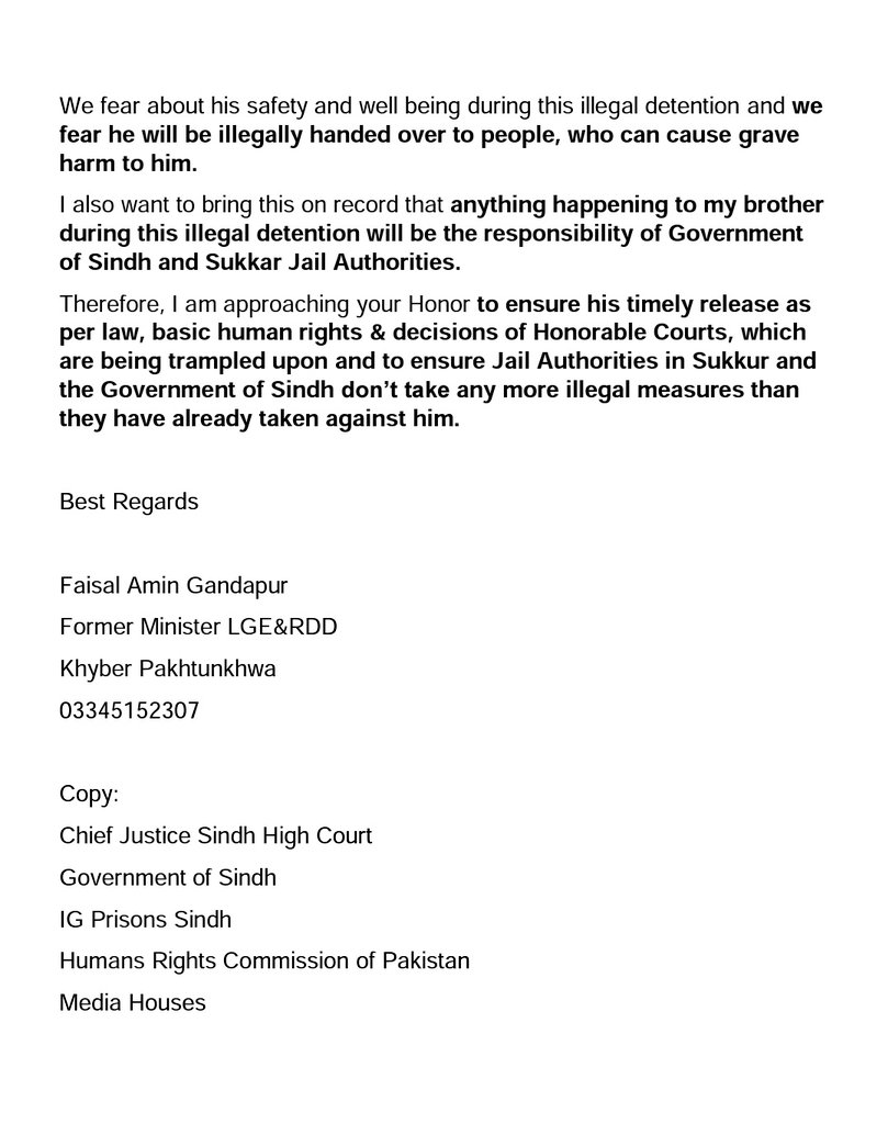 FaisalAminKhan's tweet photo. Letter sent to Hon Chief Justice of Pakistan agnst illegal detention of @AliAminKhanPTI by Sindh Govt, despite having bails in the frivolous/fake cases by Hon Courts, Govt of Sindh &amp; Prison Dept keeps him in illegal custody. State officials used as victimization tool @PTIofficial https://t.co/7MXg5EFb5d