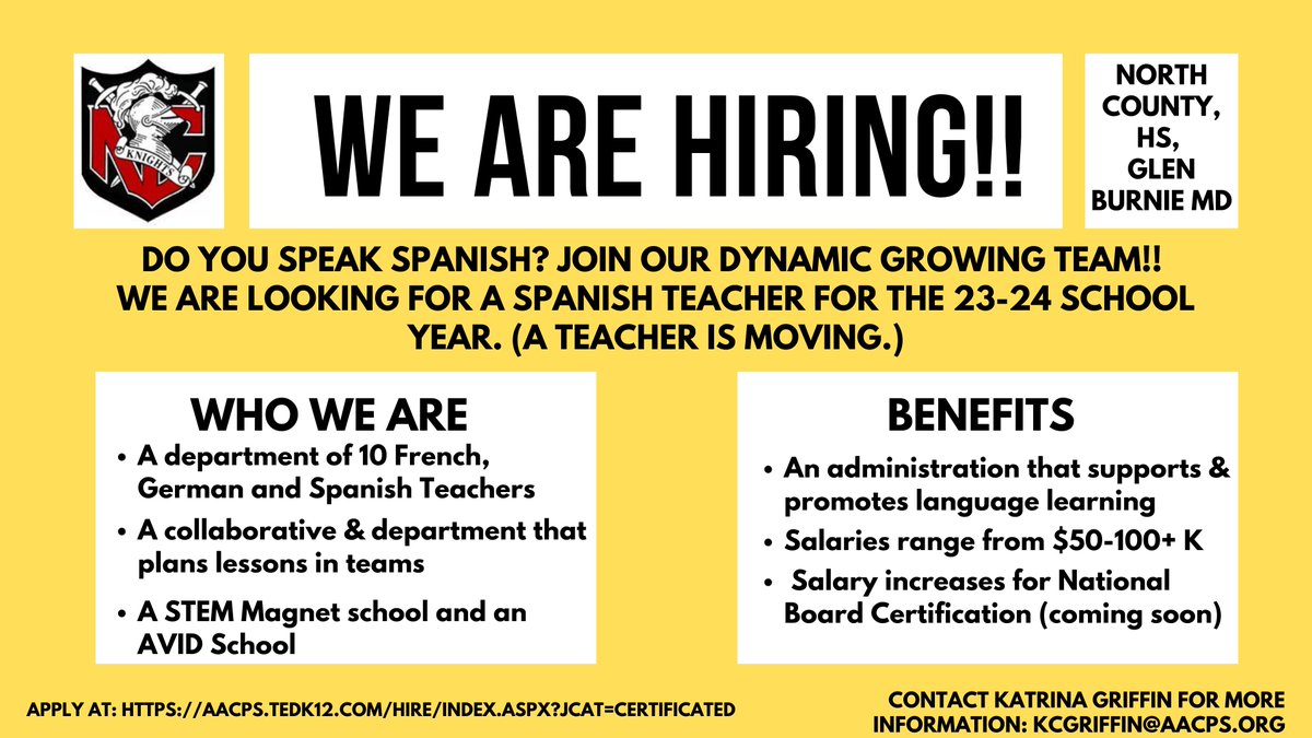We are looking for 2 Spanish teachers for the coming year. $ is great in MD, the state &amp; districts love languages, we have a lot of upper level courses! Consider joining our team! <a href="/AATSPglobal/">AATSP</a> <a href="/KYAATSP/">KY Chapter of AATSP</a> <a href="/FLANC_WorldLang/">FLANC</a> <a href="/FLAVAWeb/">FLAVA</a> <a href="/chericem/">Cherice Montgomery</a> <a href="/actfl/">ACTFL</a> <a href="/GWATFL/">GWATFL</a> <a href="/gadoeworldlang/">gadoeworldlanguages</a> <a href="/AATSPSC/">AATSP-SC</a>