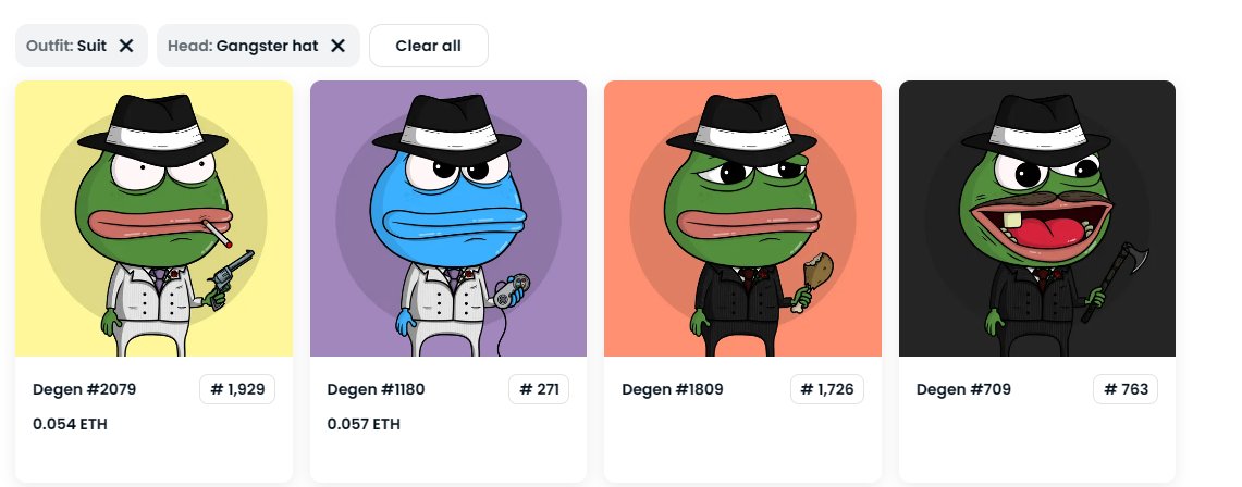 We've been saying if you look you will find some absolute killer rare trait sets in the collection.  How many Gangster Suit + Gangster Hat combos are there....4🐸🐸🐸🐸🫡