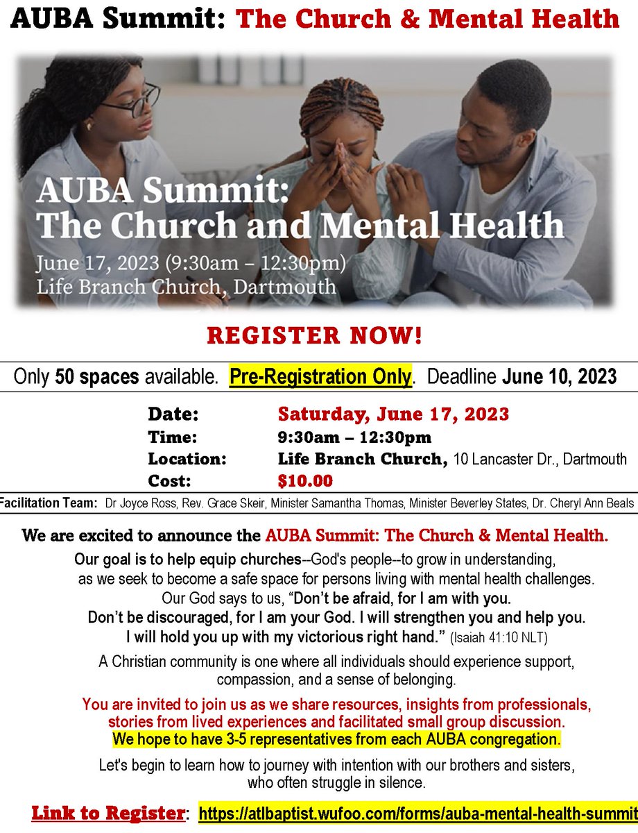 AfricanBaptist's tweet photo. AUBA Mental Health Summit is coming June 10. Preregistration only and space is limited. https://t.co/eZsKTCOs4b
