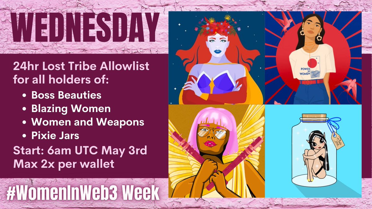 ELVEN_NFT's tweet photo. 6/๐งต
Wednesday 3rd May - 24hrs starting @ 6am UTC
Allowlist access will be open for holders of:
๐ @BossBeauties
๐ Blazing Women by @PowerOfWomenNFT
๐ @WomenandWeapons
๐ @PixieJarsNFT https://t.co/1DkWELCKHW