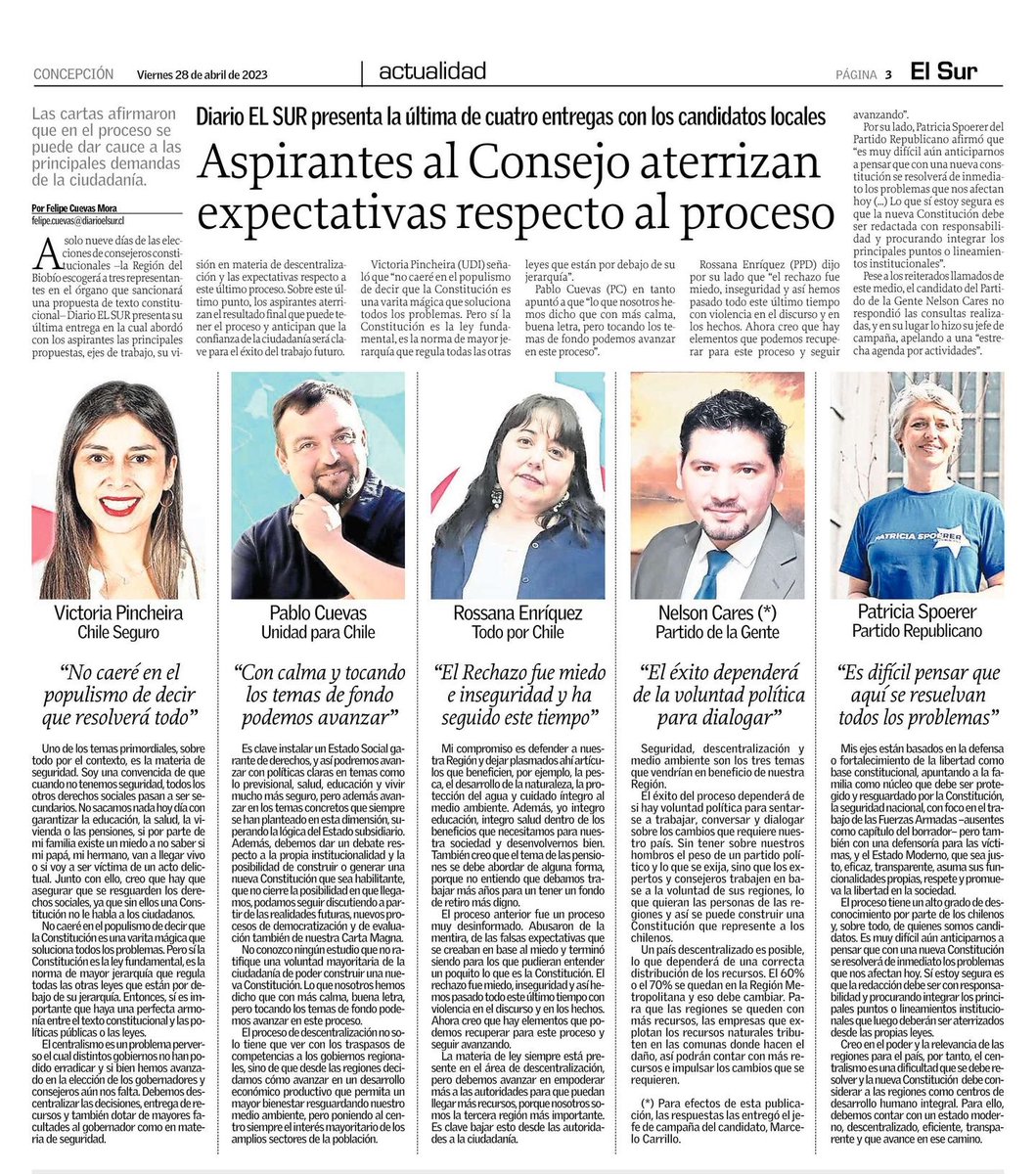 felipecuevas's tweet photo. En @elsurcl de hoy completamos las cuatro notas en las que abordamos con los 20 candidatos al Consejo Constitucional de la zona sus propuestas y visiones frente al proceso ✅ Mismo espacio, mismas preguntas y las diferencias, para que la ciudadanía se informe de cara al 7/5🗞️ https://t.co/fgHgpT7EcR