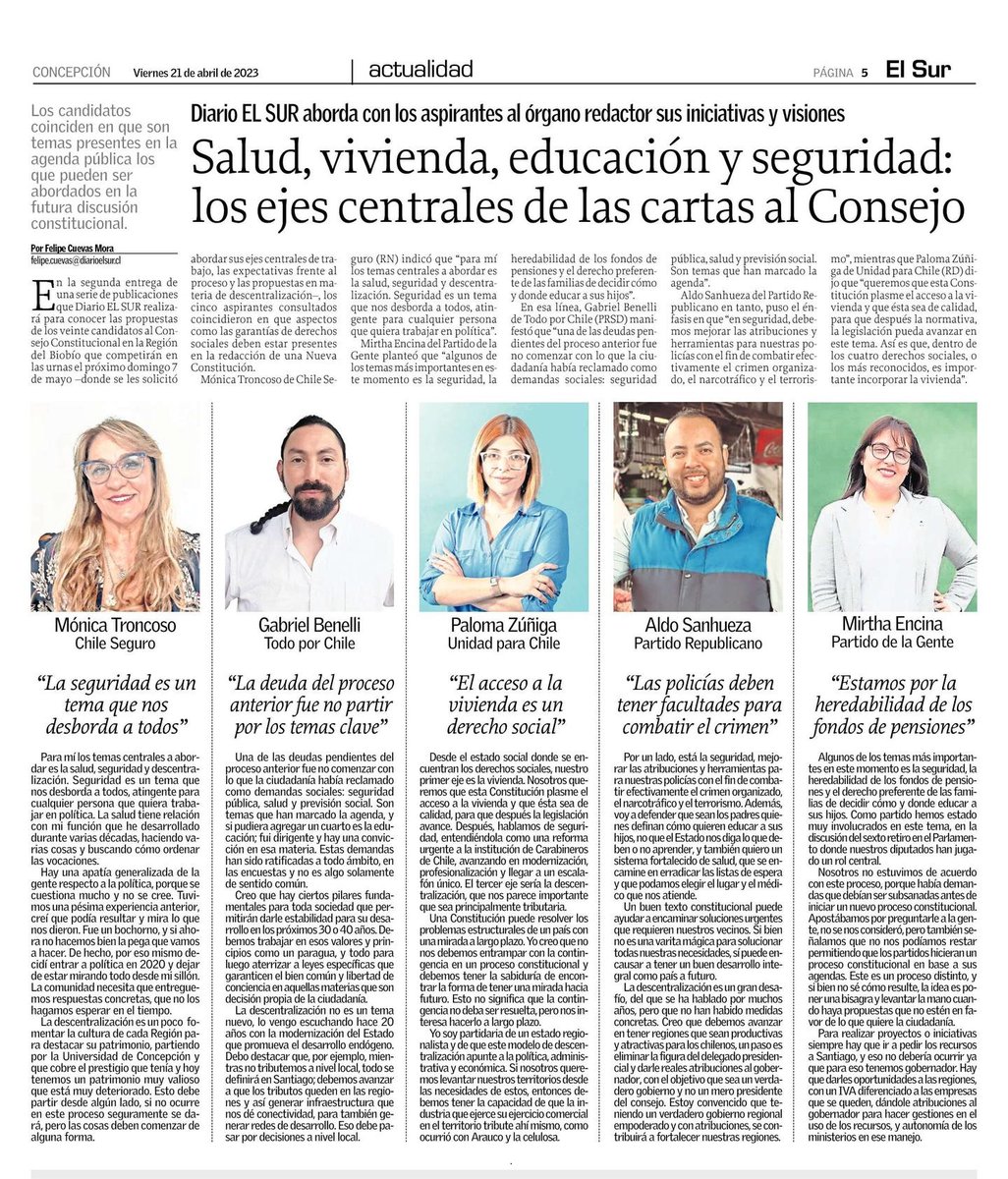 felipecuevas's tweet photo. En @elsurcl de hoy completamos las cuatro notas en las que abordamos con los 20 candidatos al Consejo Constitucional de la zona sus propuestas y visiones frente al proceso ✅ Mismo espacio, mismas preguntas y las diferencias, para que la ciudadanía se informe de cara al 7/5🗞️ https://t.co/fgHgpT7EcR