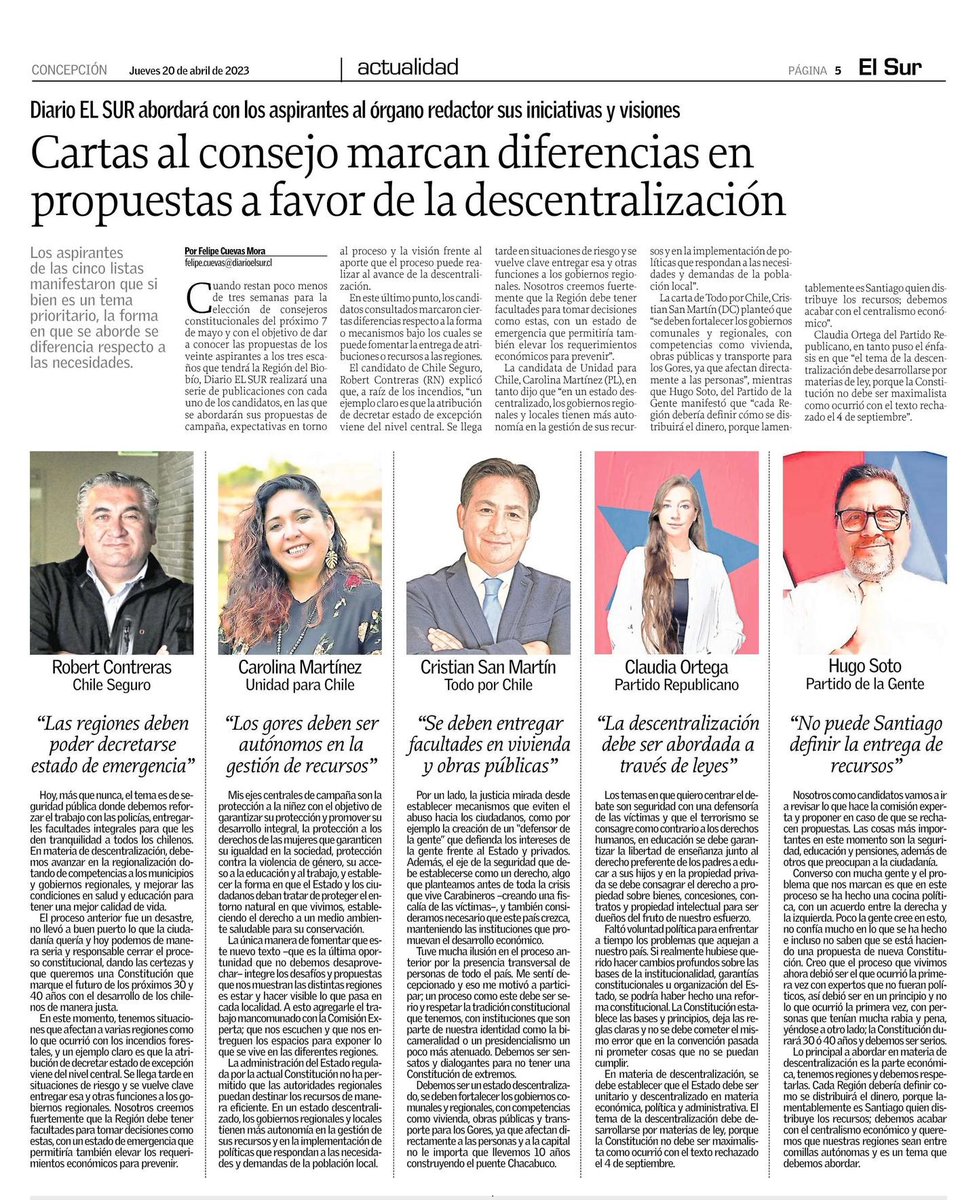 felipecuevas's tweet photo. En @elsurcl de hoy completamos las cuatro notas en las que abordamos con los 20 candidatos al Consejo Constitucional de la zona sus propuestas y visiones frente al proceso ✅ Mismo espacio, mismas preguntas y las diferencias, para que la ciudadanía se informe de cara al 7/5🗞️ https://t.co/fgHgpT7EcR