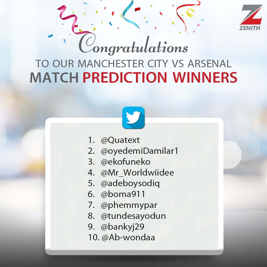 Congratulations to winners of the airtime giveaway.
Thank you for participating.

Kindly send us a Dm with your Phone number and network provider. 

#ZenithCares #ZenithBank #InYourBestInterest