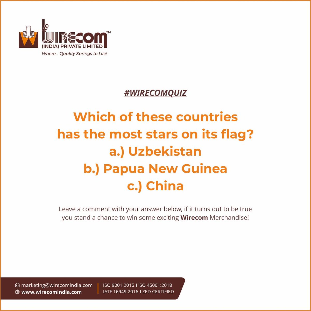 WirecomIndia's tweet image. Start your weekend😎 trying to solve this riddle🤔. Comment your answer below👇 and share📧 it with your family and friends to win exciting prizes🎁.

#quiz #flags #worldflags #flagstarquiz #quiztime #quizoftheday #country #world #wirecomquiz #riddle #riddlesdaily #saturdayvibes