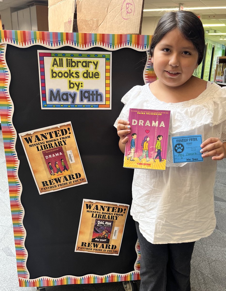 Veronica_Brav0's tweet photo. Our 2nd student (ALSO a 3rd grader in Mrs. Grande’s class) found one of the missing “WANTED” books for our @LakeParkASD4 library! Student Reward: Panther Pride!
#LakeParkLibrary #ASD4LibrariansRock https://t.co/nlCAGsi2DT