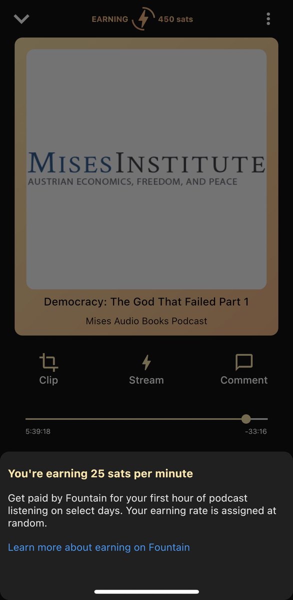 Thanks <a href="/fountain_app/">Fountain</a> for the 25 sats per minutes for my next hour of listening to Hoppe <a href="/mises/">Mises Institute</a> 🧡