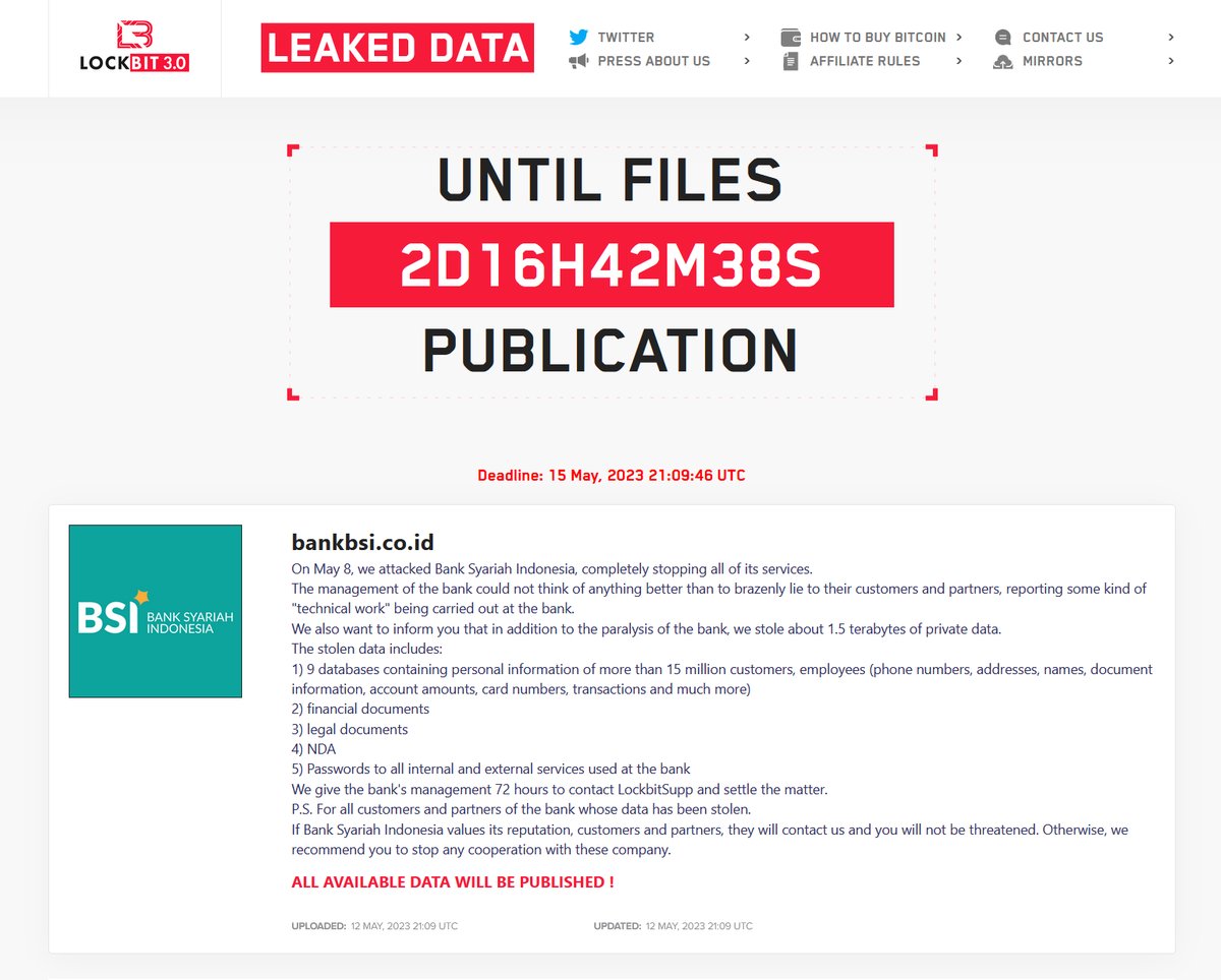 c4pt1kus's tweet image. Grup ransomware LockBit mengakui menyerang Bank Syariah Indonesia (Bank BSI) &amp;amp; menyetop semua layanan perbankan serta mencuri 1.5 TB termasuk data2 nasabah.

Apakah UU PDP bisa berlaku?

Sumber: web LockBit di darknet

#databreach #dataleaks #ransomware #lockbit