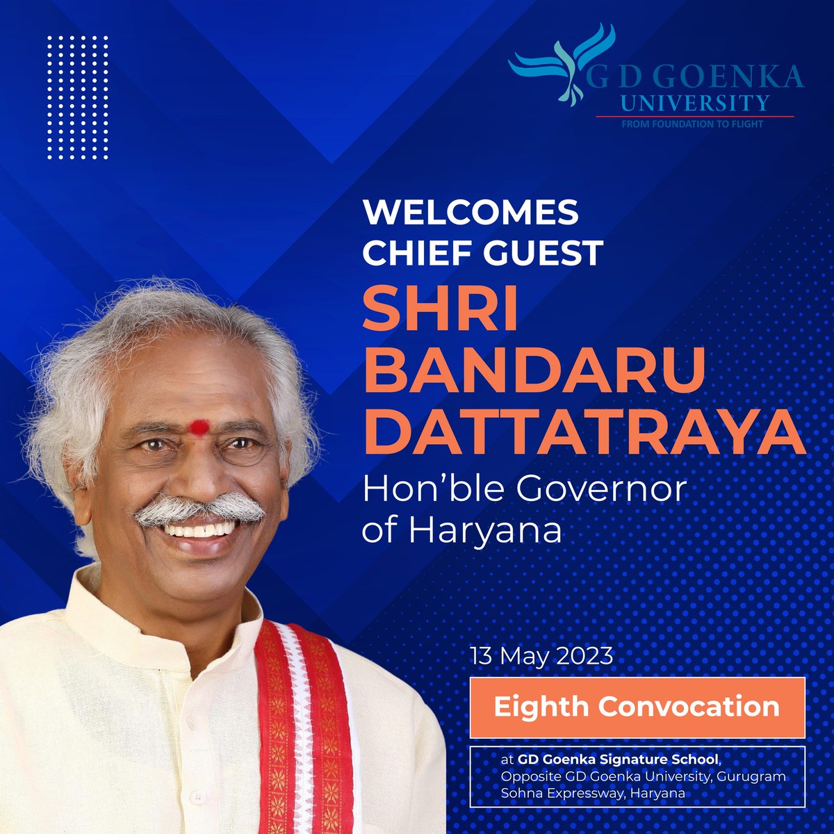 GD Goenka University extends a warm welcome and expresses its gratitude to the Hon'ble Governor of Haryana, Shri Bandaru Dattatreya <a href="/Dattatreya/">Bandaru Dattatreya</a> , for gracing the occasion of our eigth convocation as the Chief Guest, on 13 May 2023
#Convocation #batchof2022 #GovernmentofHaryana