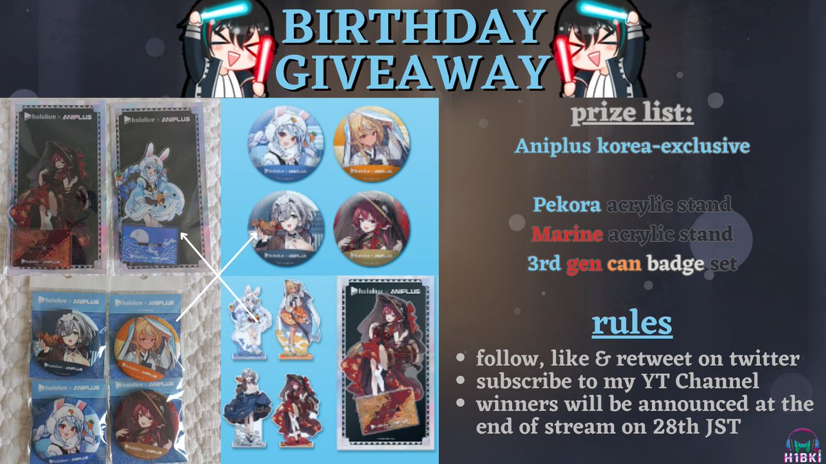 dj_h1bki's tweet photo. ***GIVEAWAY ANNOUNCEMENT***
as part of my birthday celebration, i will be hosting a free giveaway!! 

rules:
- follow, like, &amp; retweet this
- subscribe to my YT channel for extra entry

winners will be announced at the end of the stream on 28th JST!!

#Giveaways #hololive https://t.co/NOEGb9Nj8c