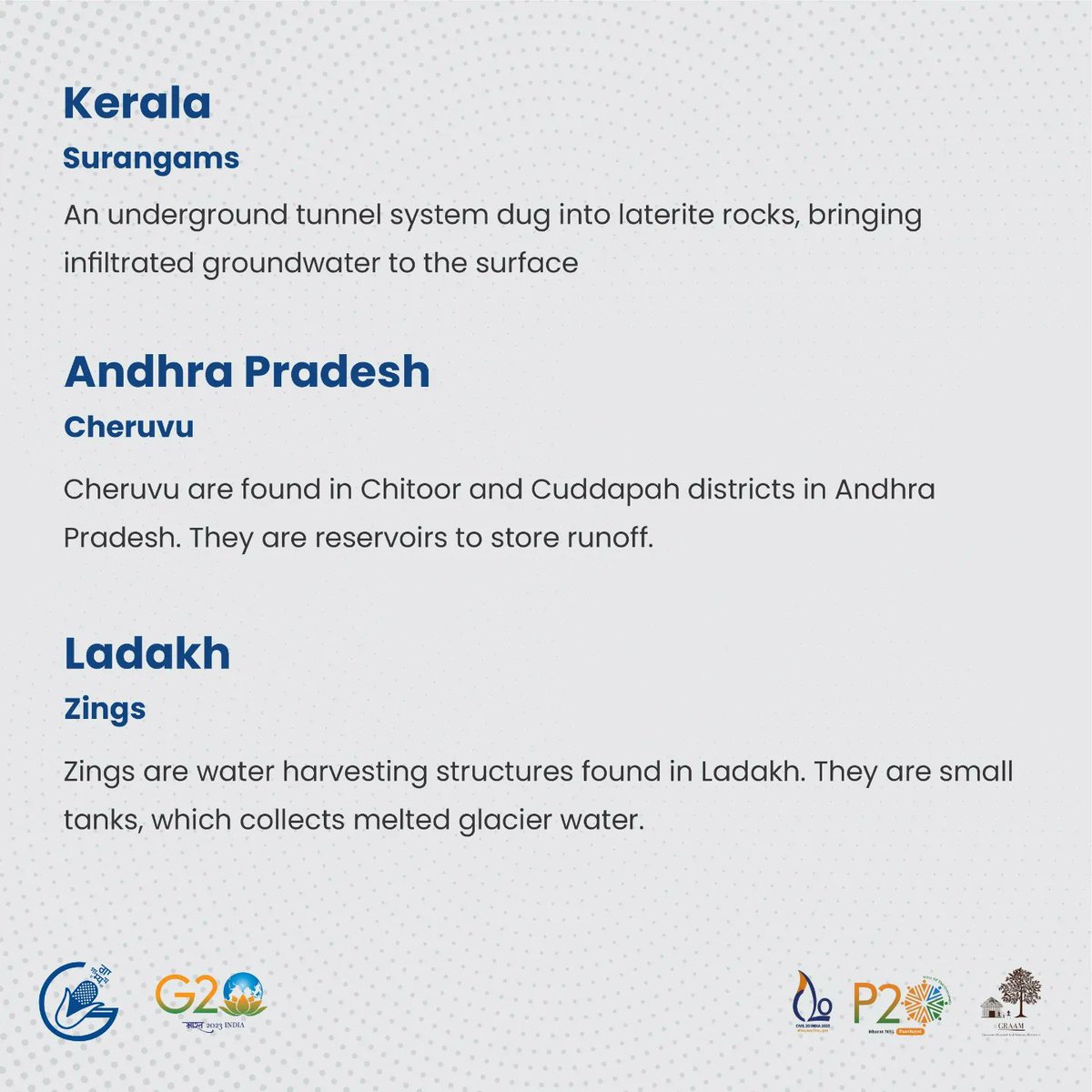 GramyaIndia's tweet photo. From the Zings of Ladakh, to the Surangams of Kerala and from the Baolis of Gujarat, to the Zabos of Mizoram and Nagaland, the traditional water conservation systems supplied water all-round the year for irrigation and households.

#Gramya #ancientengineering #India https://t.co/H6LzYQdP9I