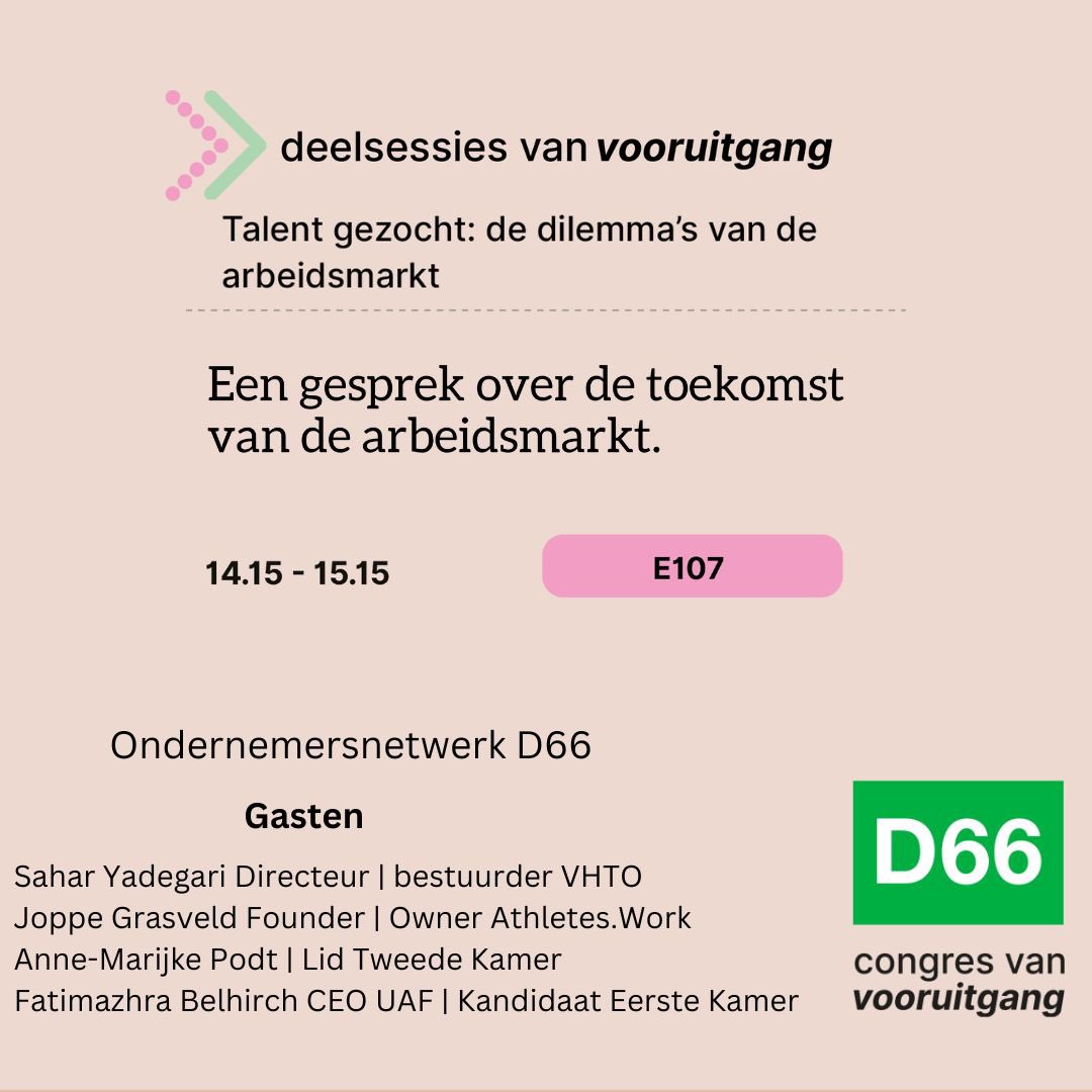 Vandaag voeren we een gesprek over de toekomst van de arbeidsmarkt. Dilemma’s bij de zoektocht naar talent. Met ondernemers en politici. 

Ben je op het #D66Congres, kom dan om 14.15u naar de sessie van het Ondernemersnetwerk D66!