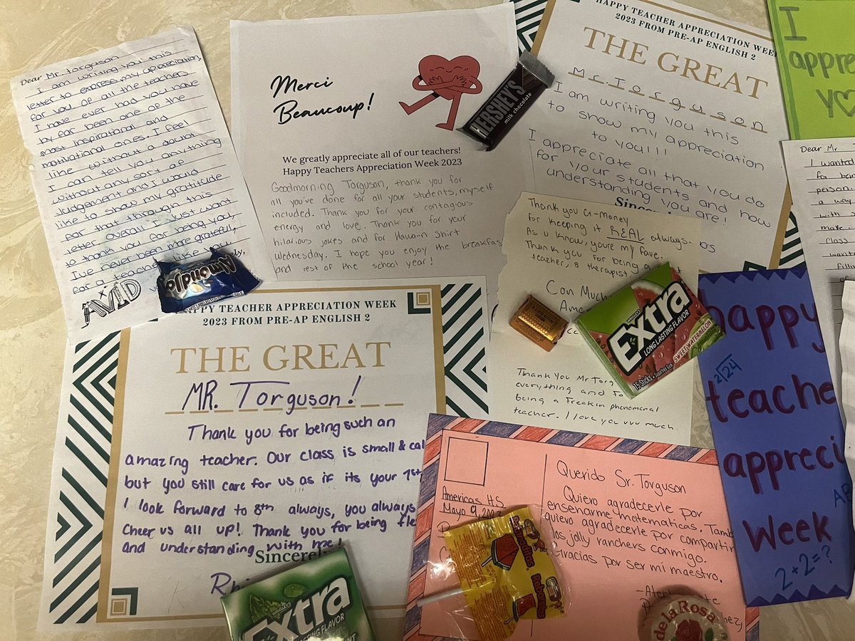 MisterTorg's tweet photo. I definitely felt appreciated this week. I am thankful for all the notes, snacks, breakfasts, lunches, beverages, school supplies, well wishes, fist-bumps, hugs… 
Let’s just say I have the best job ever. TeacherAppreciationWeek2023 https://t.co/dc648nIL4t