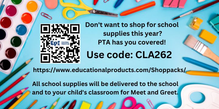 Clark Creek STEM PTA (@ccstempta) on Twitter photo Don't want to shop for school supplies this year? PTA has you covered! Use code: CLA262
educationalproducts.com/Shoppacks/
All school supplies will be delivered to the school and to your child's classroom for Meet and Greet. Don't want to shop for school supplies this year? PTA has you covered! Use code: CLA262
educationalproducts.com/Shoppacks/
All school supplies will be delivered to the school and to your child's classroom for Meet and Greet.